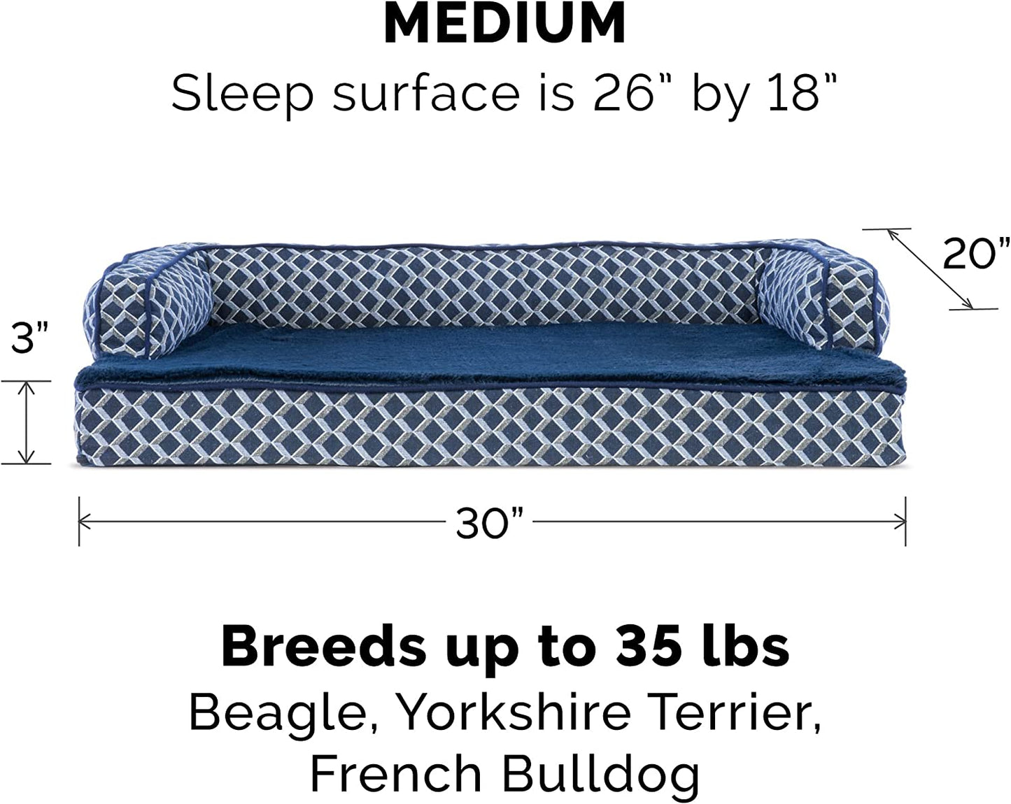 Memory Foam Dog Bed for Medium/Small Dogs W/ Removable Bolsters & Washable Cover, for Dogs up to 35 Lbs - Plush & Woven Decor Comfy Couch Sofa - Diamond Blue, Medium
