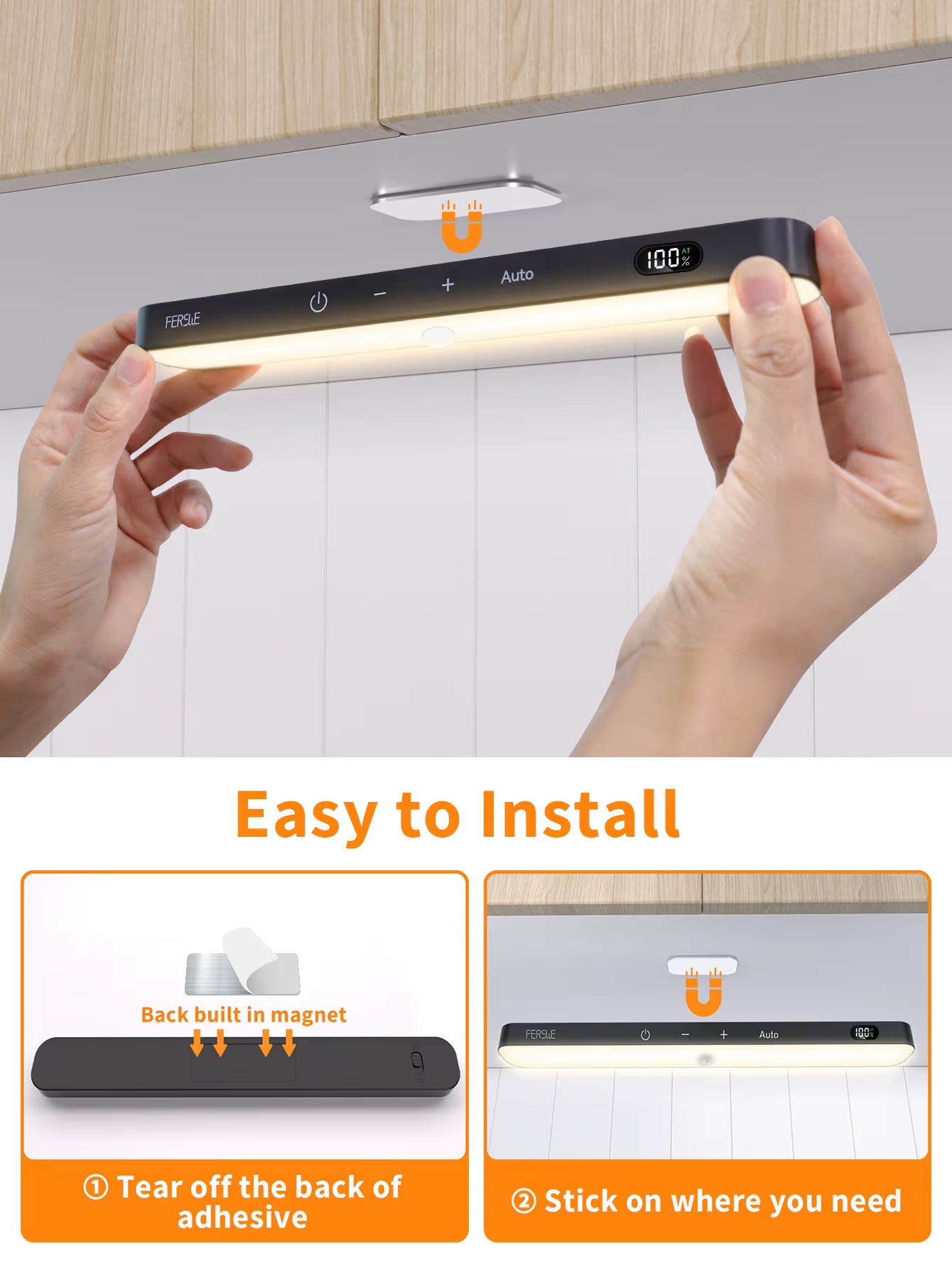Motion Sensor Cabinet Warm Light Battery Display 60 LED Touch Light Bar Wireless Rechargeable Battery Night Light