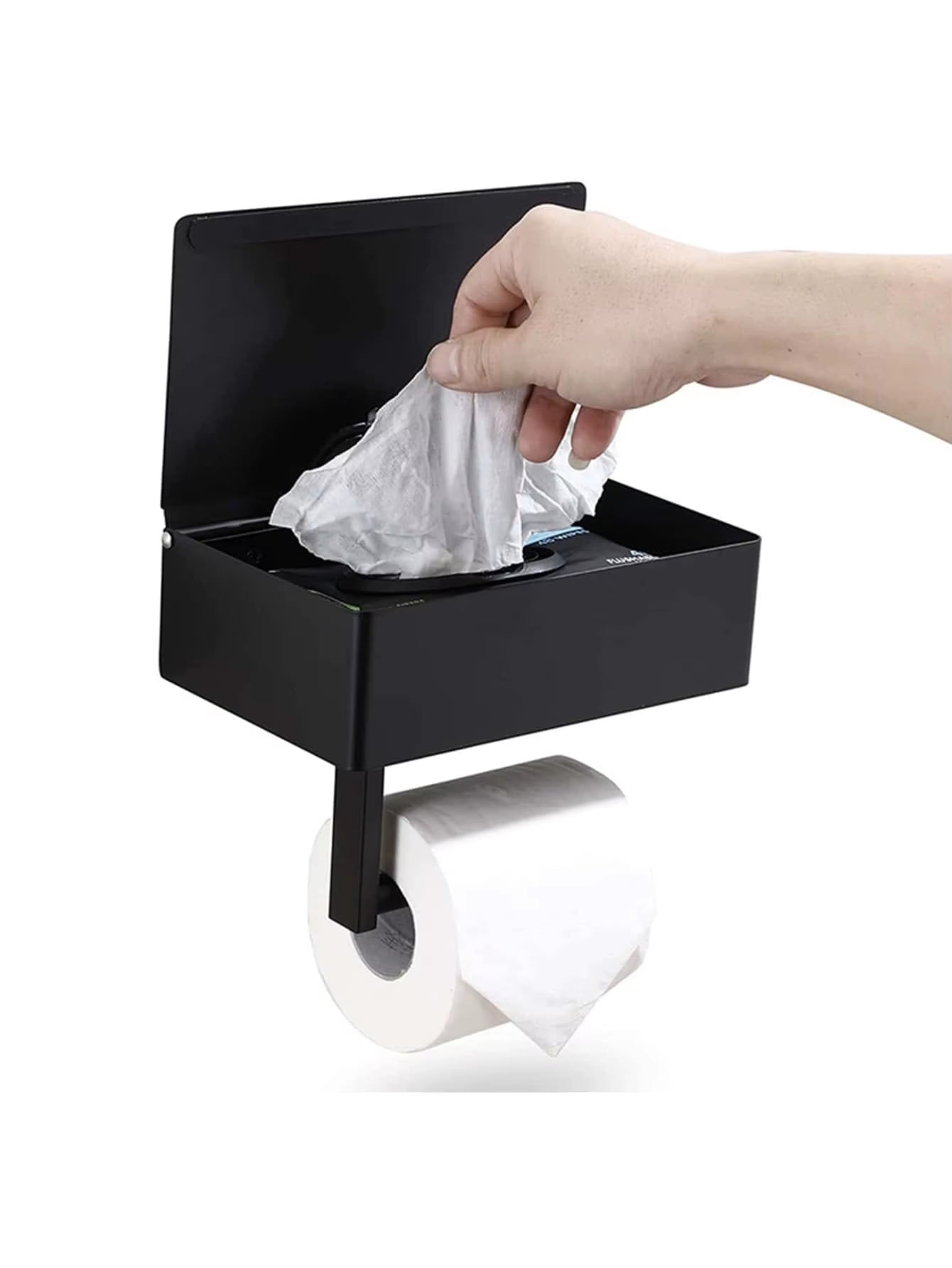 Black Iron Wall-Mounted Toilet Paper and Wet Wipes Holder with Storage Space for Bathroom