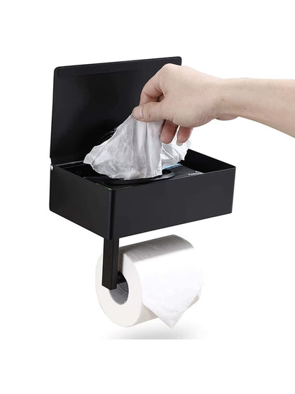 Black Iron Wall-Mounted Toilet Paper and Wet Wipes Holder with Storage Space for Bathroom