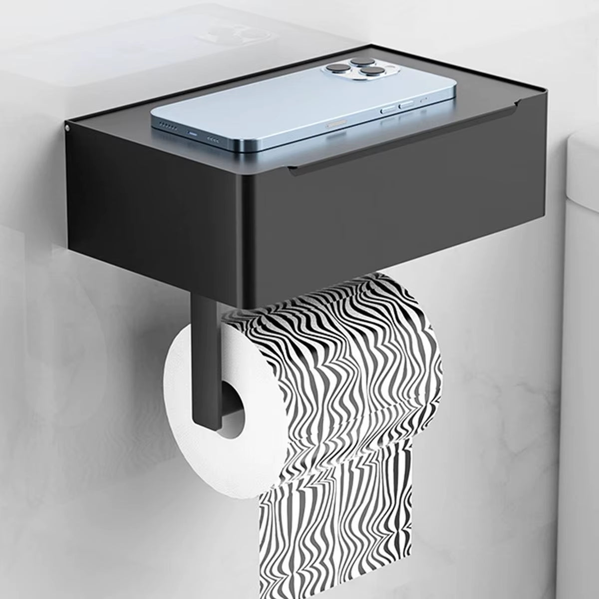 Black Iron Wall-Mounted Toilet Paper and Wet Wipes Holder with Storage Space for Bathroom